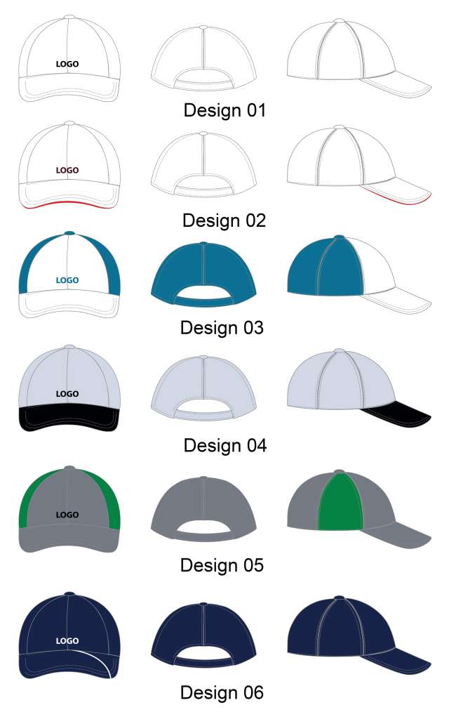 Cap designs 01 to 06 — front, back and side views of each branding layout